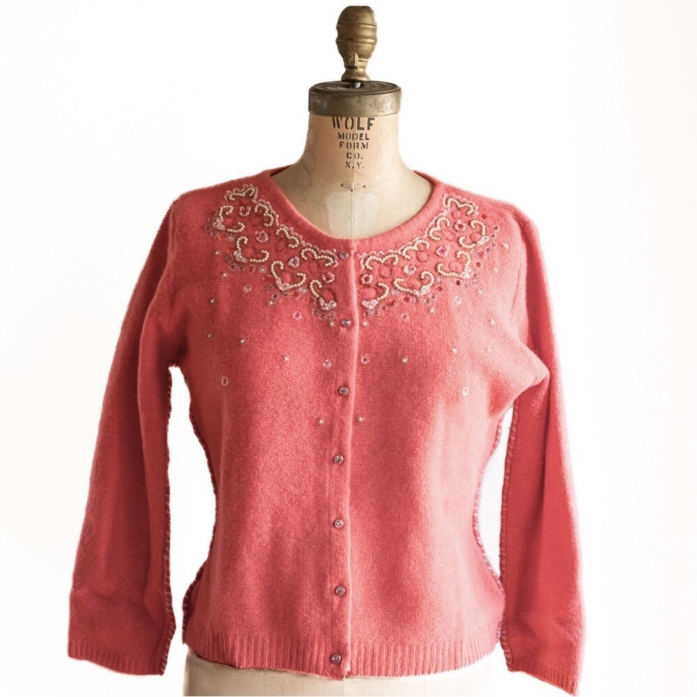 Vintage Free People Coral Wool & Angora Sweater with Beadwork Embroidery - Picture 4 of 14
